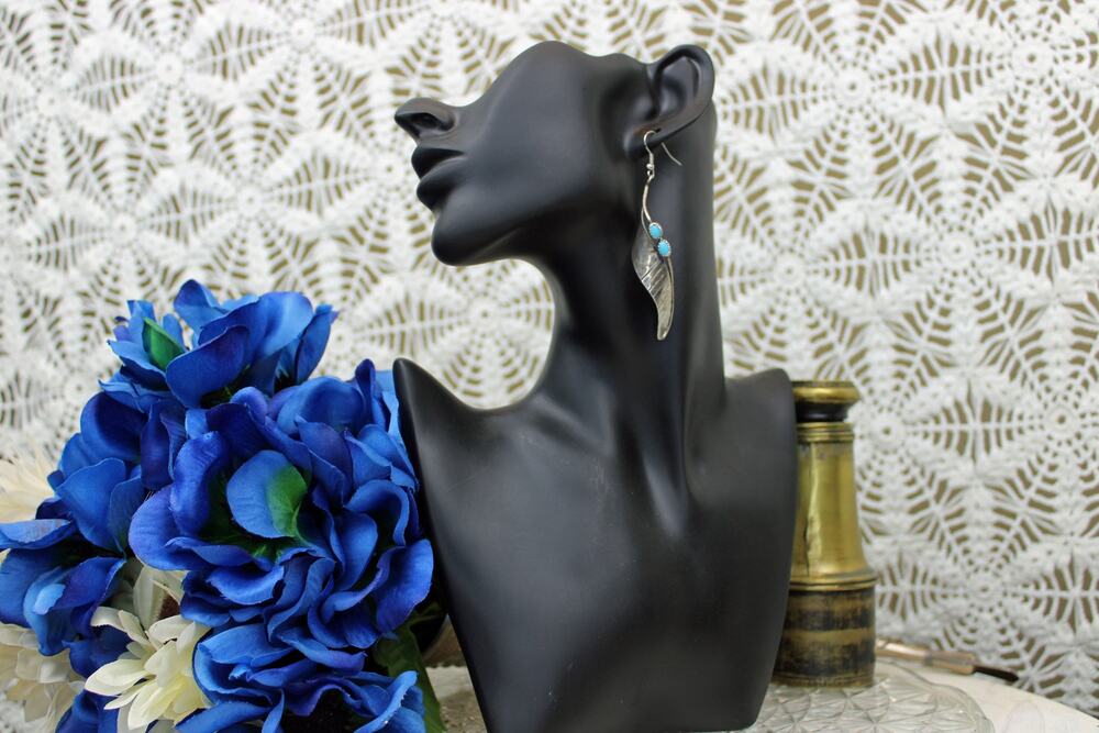 TT Signed Sterling Silver Turquoise Feather Swirl Elongated Earrings